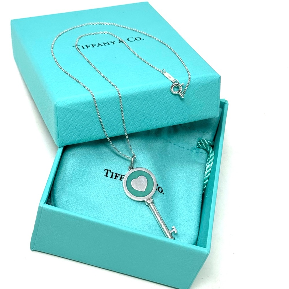 Authentic Tiffany & co. Enamel Blue Heart Key Pendant Necklace. - Picture 7 of 11